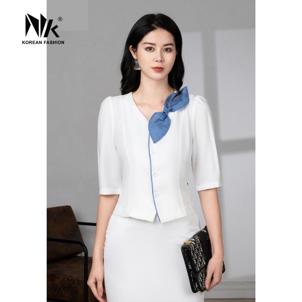 Áo Sơ Mi Nữ Cổ Tim UK Fashion Phối Hoa Dây Ngực Độc Đáo, Kiểu Dáng Điệu Đà Trẻ Trung NKSM2110009