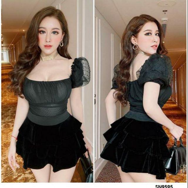 Đầm xòe xếp tầng tay voan phồng sexy