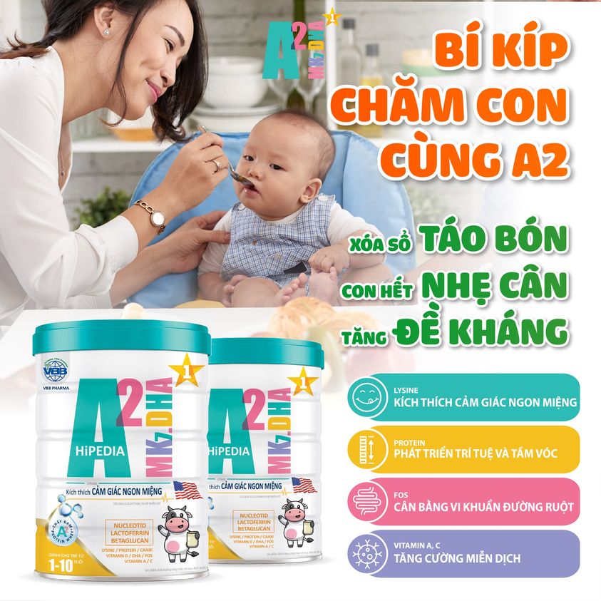 Sữa Bột A2 Mk7.DHA HiPedia- Hỗ Trợ bé Biếng Ăn