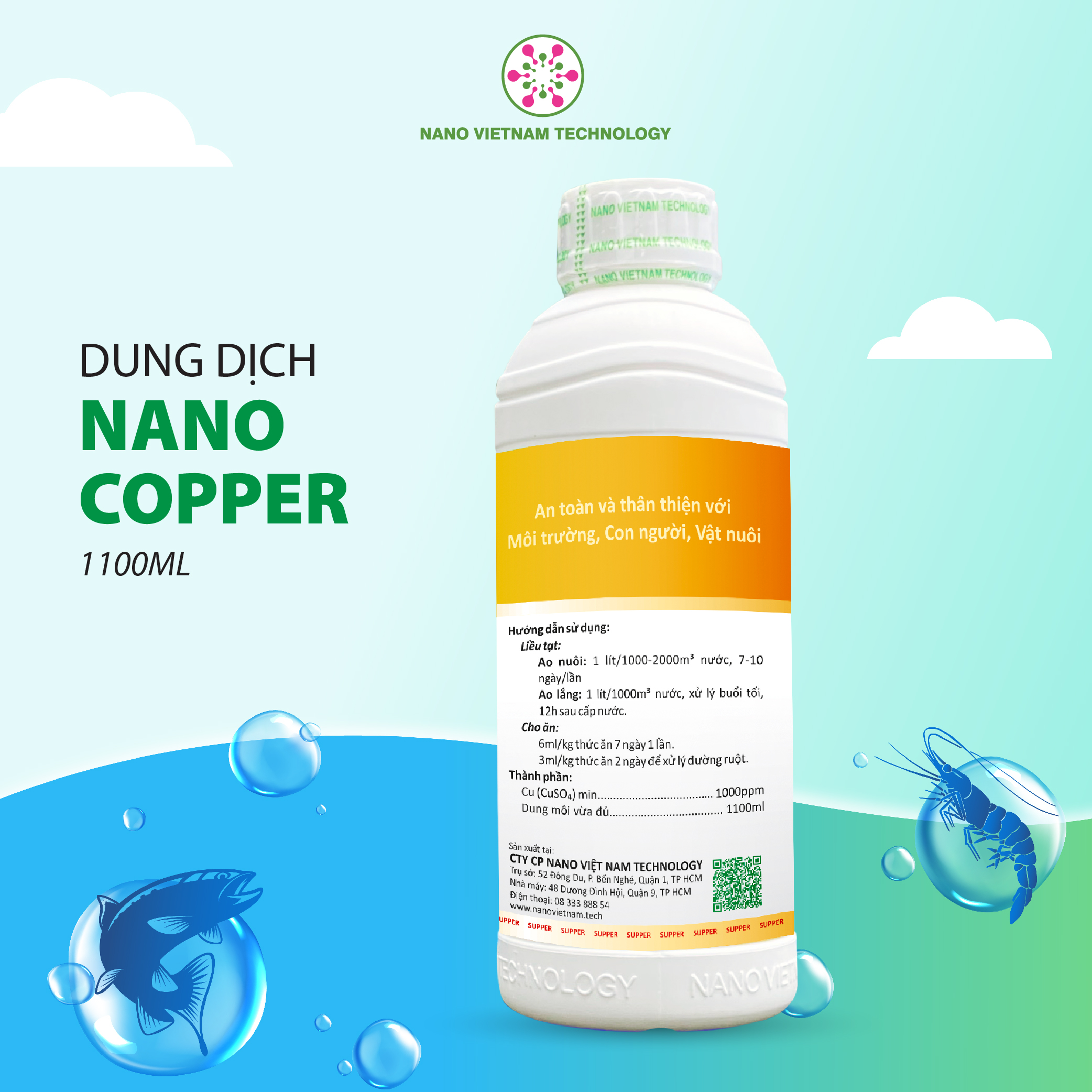 Nano copper 100% nguyên chất nano đồng Nano Vietnam Tech cho tôm, cá và động vật thủy sinh 1100ML