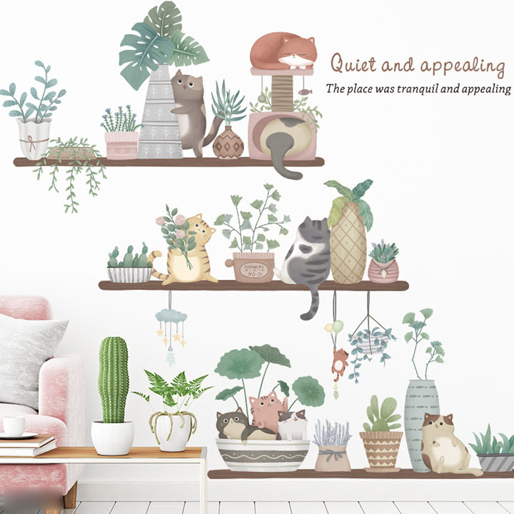 Decal trang trí chất liệu PVC loại 1 dày dặn, sắc nét, trang trí phòng khách, quán cafe-Kệ chậu cây mèo-LV19