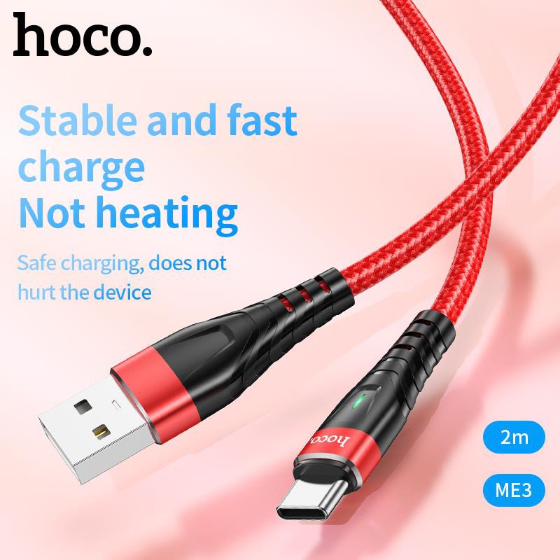 Cáp Sạc Dành Cho Hoco. Dây Dù ME3 3A Cho Type-C Có Led Dây Dài 2M Hàng Chính Hãng