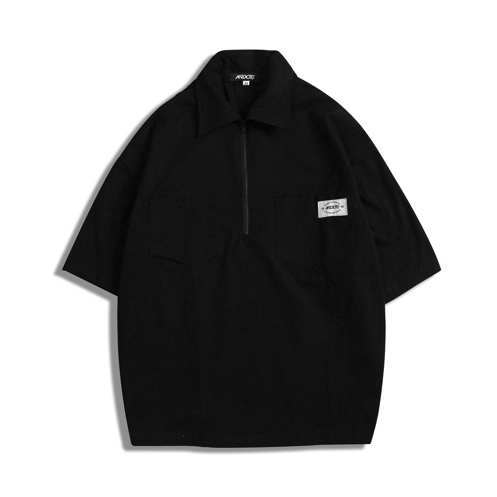 Áo sơ mi tay ngắn nam nữ unisex form rộng cổ áo có dây kéo