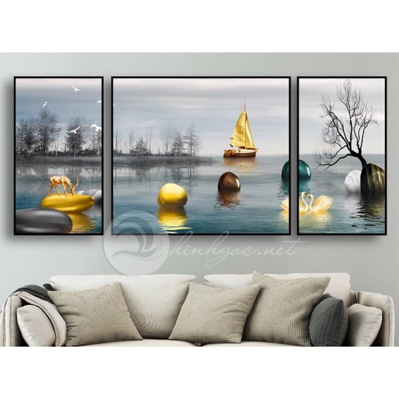 Tranh treo tường - Tranh trang trí nhà cửa - Tranh canvas - Tranh treo phòng khách bộ 3 tấm thuyền buồm xuôi gió.