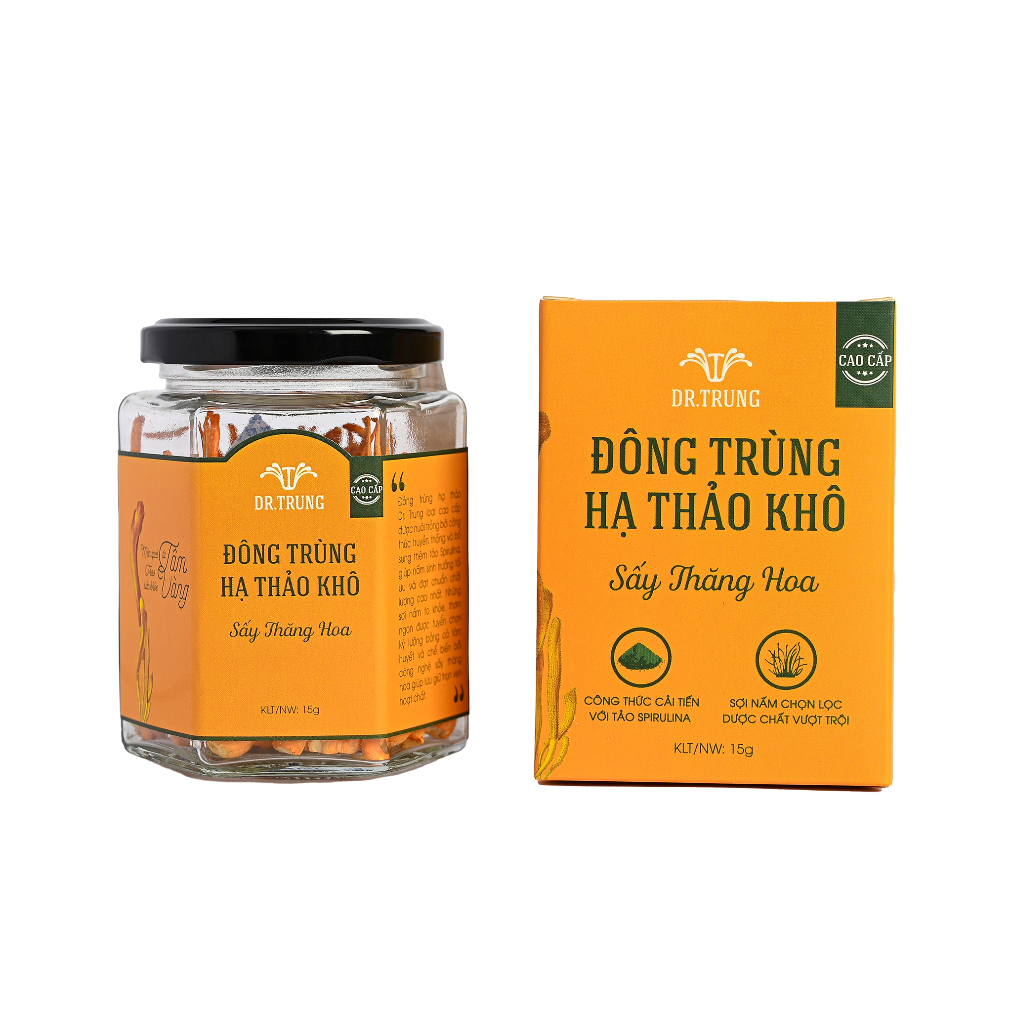 Đông trùng hạ thảo Dr. Trung Sấy thăng hoa loại Cao cấp - Công thức cải tiến bổ sung tảo Spirulina và Protein thực vật tạo dược chất cao, Sợi dài chọn lọc - Giúp cải thiện giấc ngủ, Ổn định huyết áp, Tăng hệ miễn dịch, Giảm nguy cơ đột quỵ