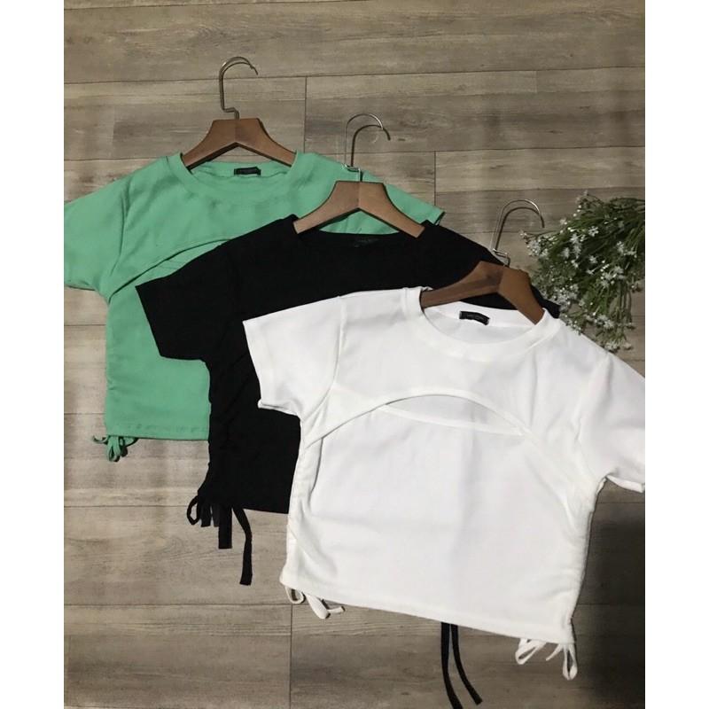 Áo croptop rút sườn cut out, kèm ảnh thật chụp sàn và mẫu mặc màu xanh