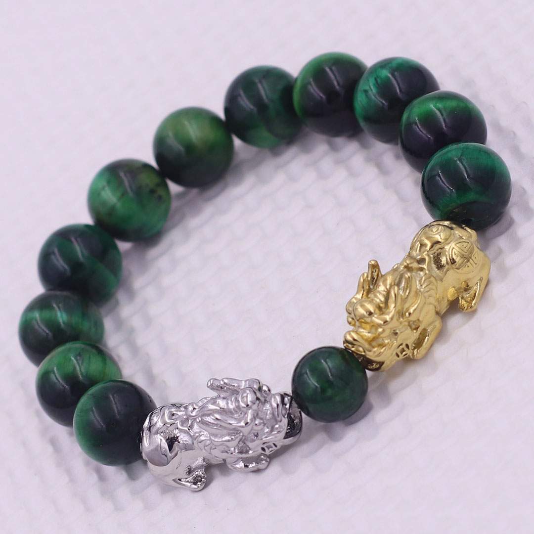 Vòng chuỗi đeo tay đá mắt hổ xanh lá 12 ly charm tỳ hưu đôi inox trắng và vàng, vòng chuỗi phong thủy, charm tỳ hưu, vòng tay hạt chuỗi