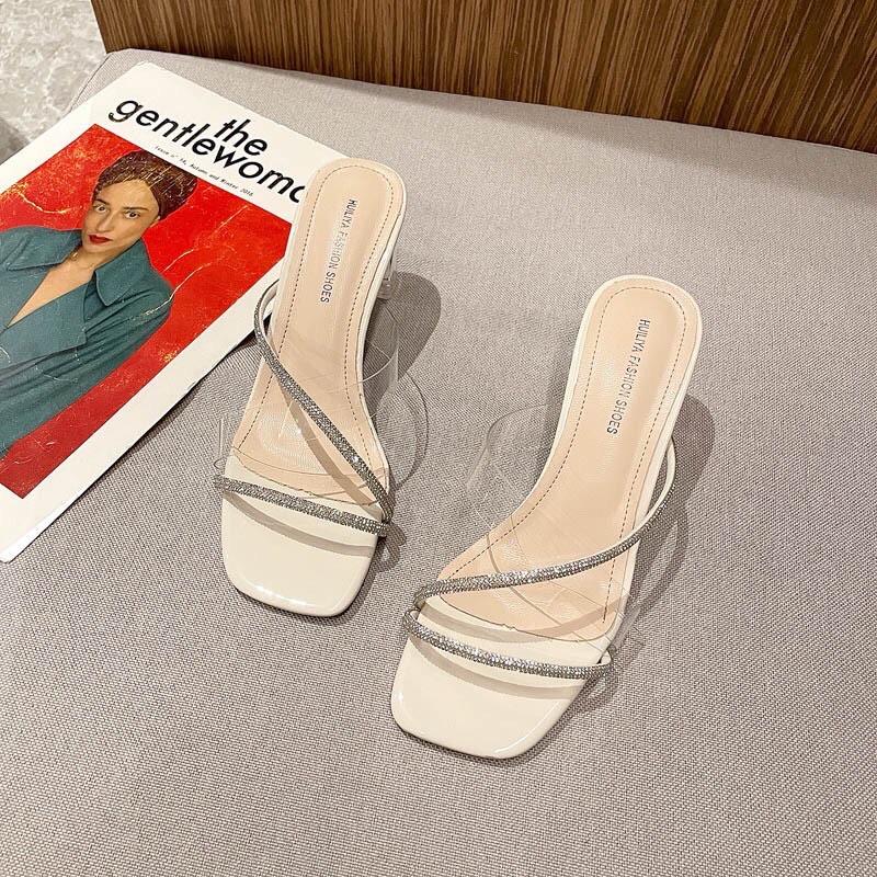 Giày sandal nữ cao gót quai đá óng ánh siêu xinh kết hợp meka sang trọng gót vuông trong suốt 5 phân mã T36