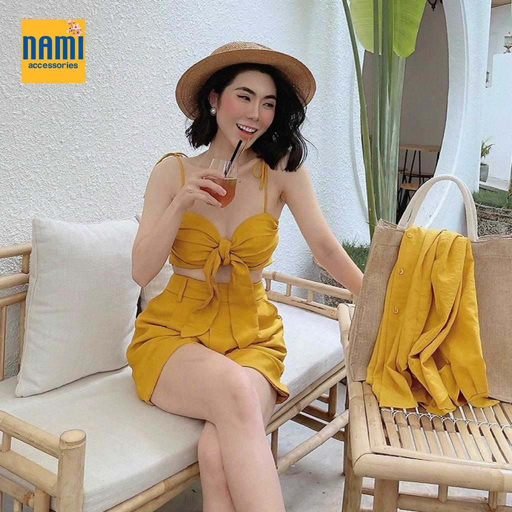 Combo 3 Món Set Áo Sơ Mi Form Rộng Kèm Bra Croptop Nơ Ngực Và Quần Short Gợi Cảm Xinh Xắn - ATNU019