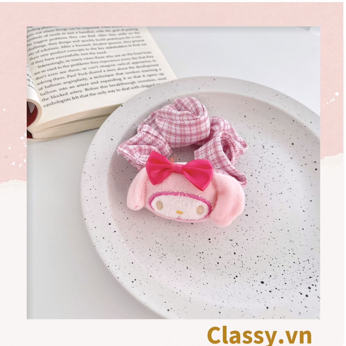 Dây cột tóc scrunchies kẻ sọc đính họa tiết hoạt hình giao ngẫu nhiên mix hàn quốc dành cho nữ PK1677