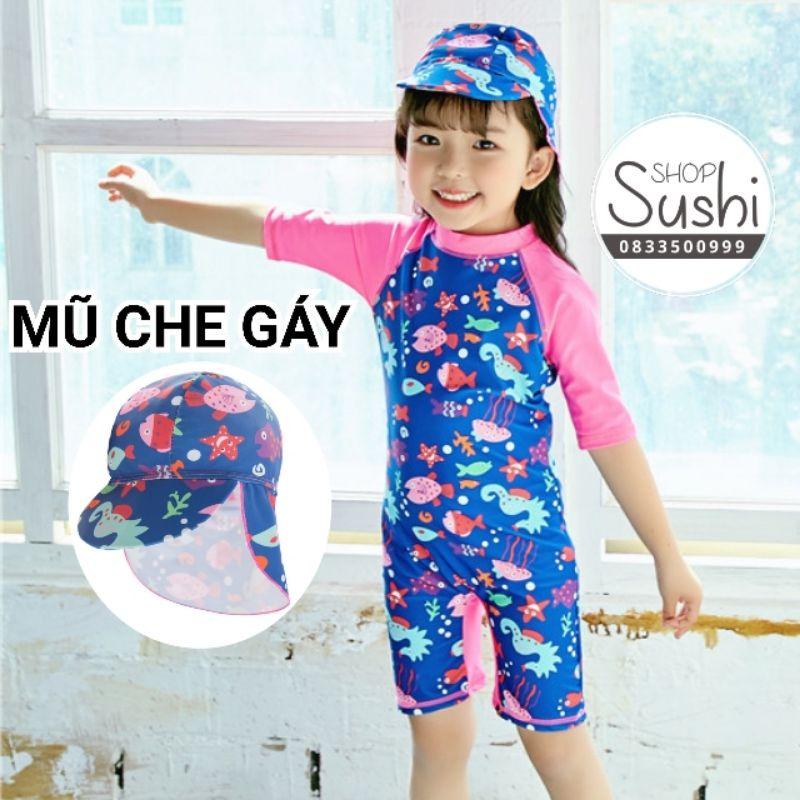 Áo bơi thân liền kèm MŨ CHE GÁY - Cá tím than kèm Mũ - XL:17-20kg,100-110cm