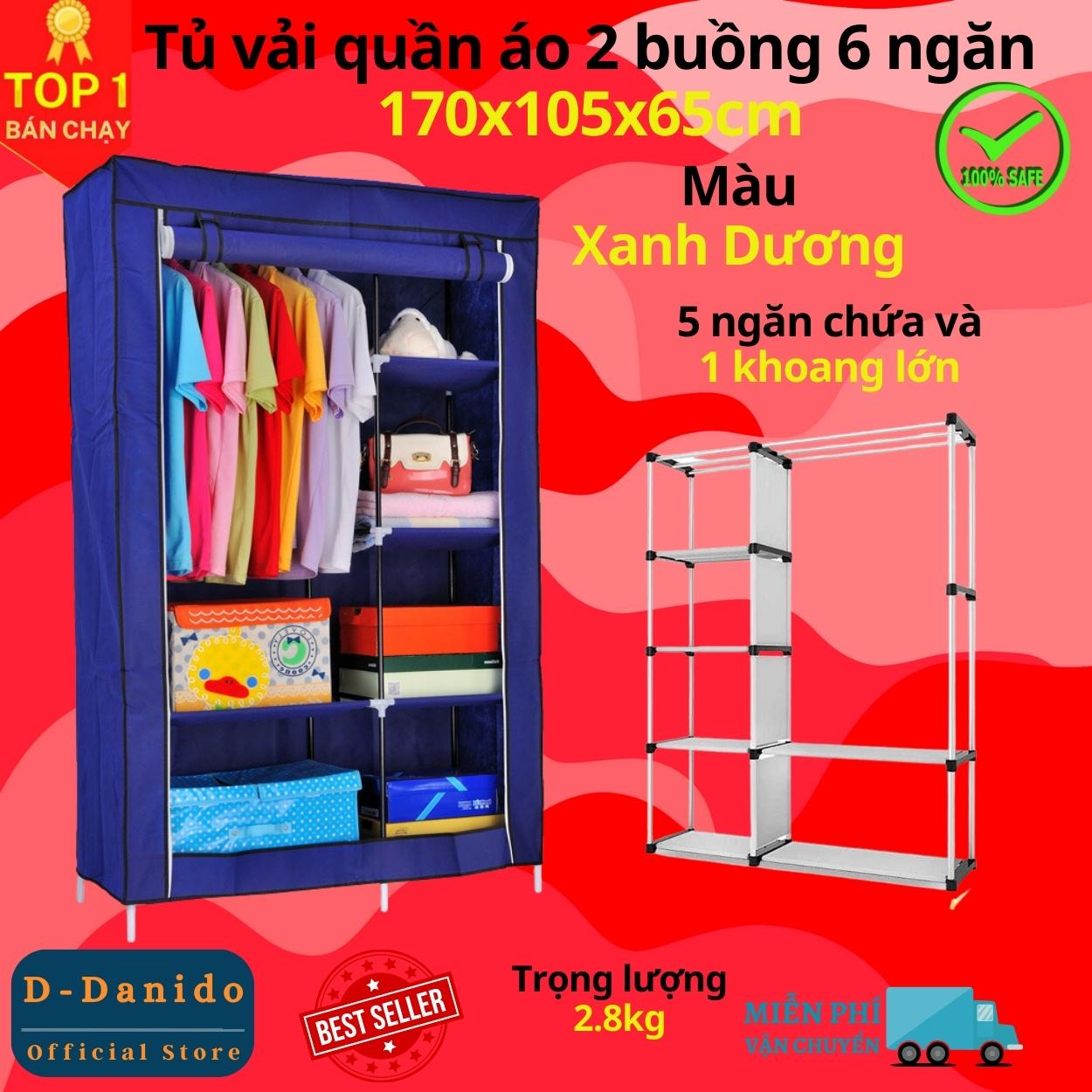 Tủ quần áo 2 buồng 6 ngăn hàng Việt Nam cao cấp - Tủ vải 170cm chất lượng cao khung Inox tĩnh chắc chắn, cứng cáp - Hàng chính hãng D Danido 