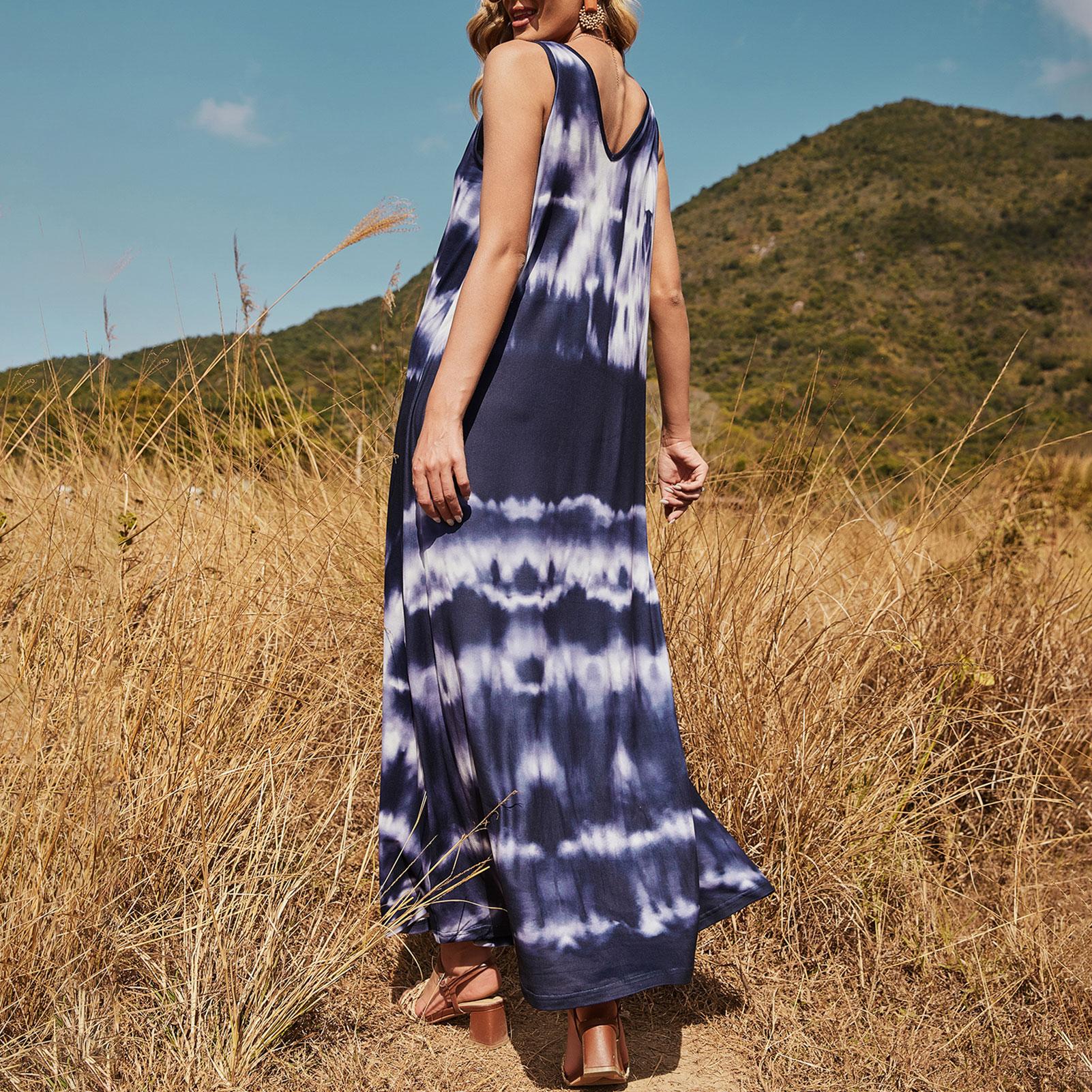 Fashion Women Beach Dress V-neck Sleeveless Printing Loose A-line Long Dress