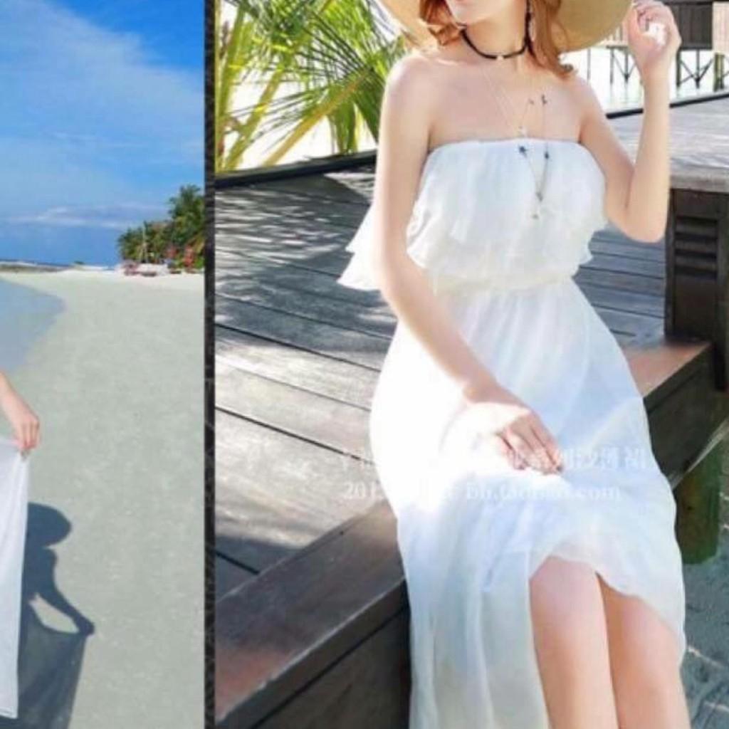 Đầm maxi chiffon bèo trắng