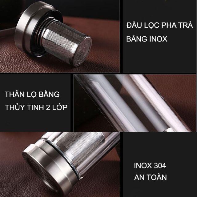 Bình lọc pha tra giữ nhiệt 300ml thủy tinh 2 lớp 2 đầu bằng inox304