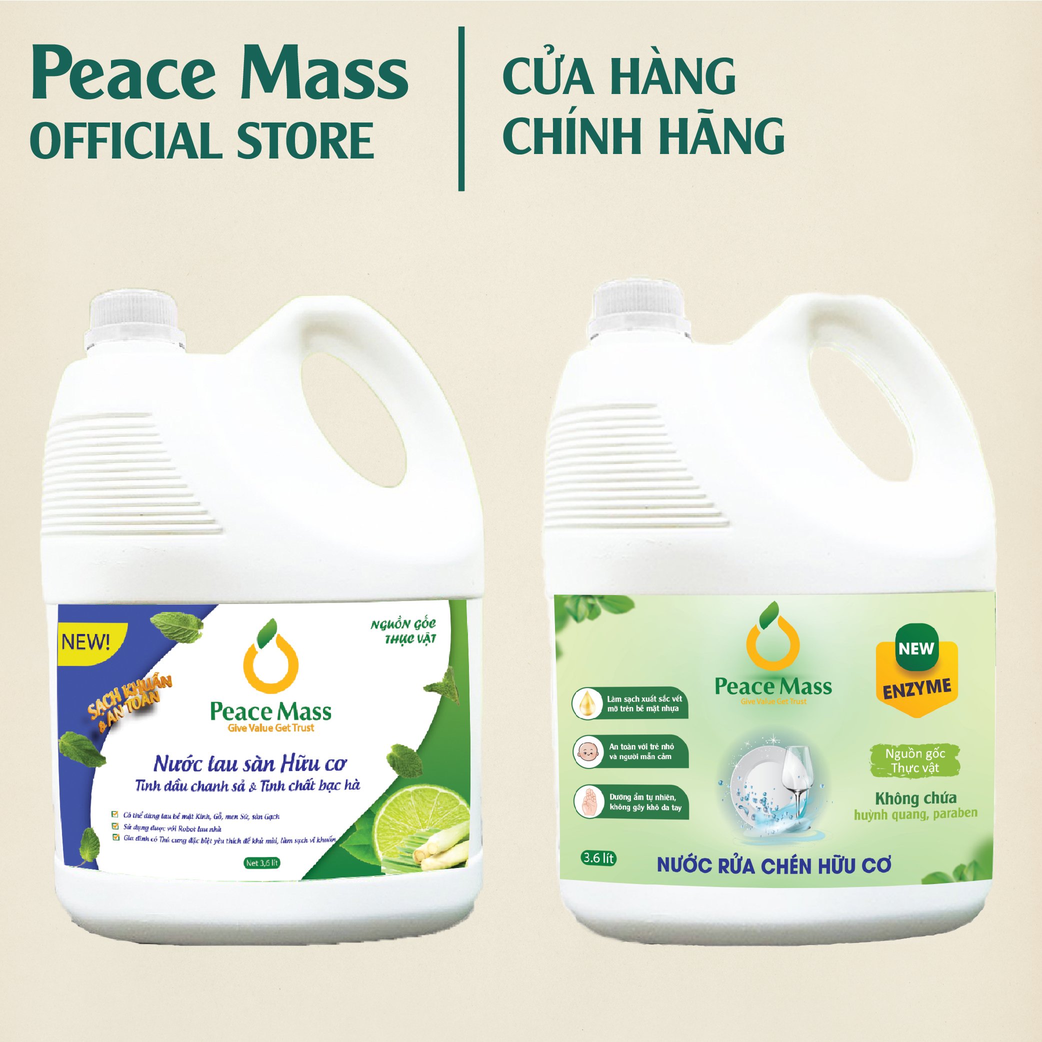 Combo Sản Phẩm Gốc Thực Vật LSB3 Peace Mass Nước Lau Sàn TD Chanh Sả - Bạc Hà 3.6 l + Nước Rửa Chén 3.6 l (Thuộc nhóm Sản phẩm Lành tính / Hữu cơ)