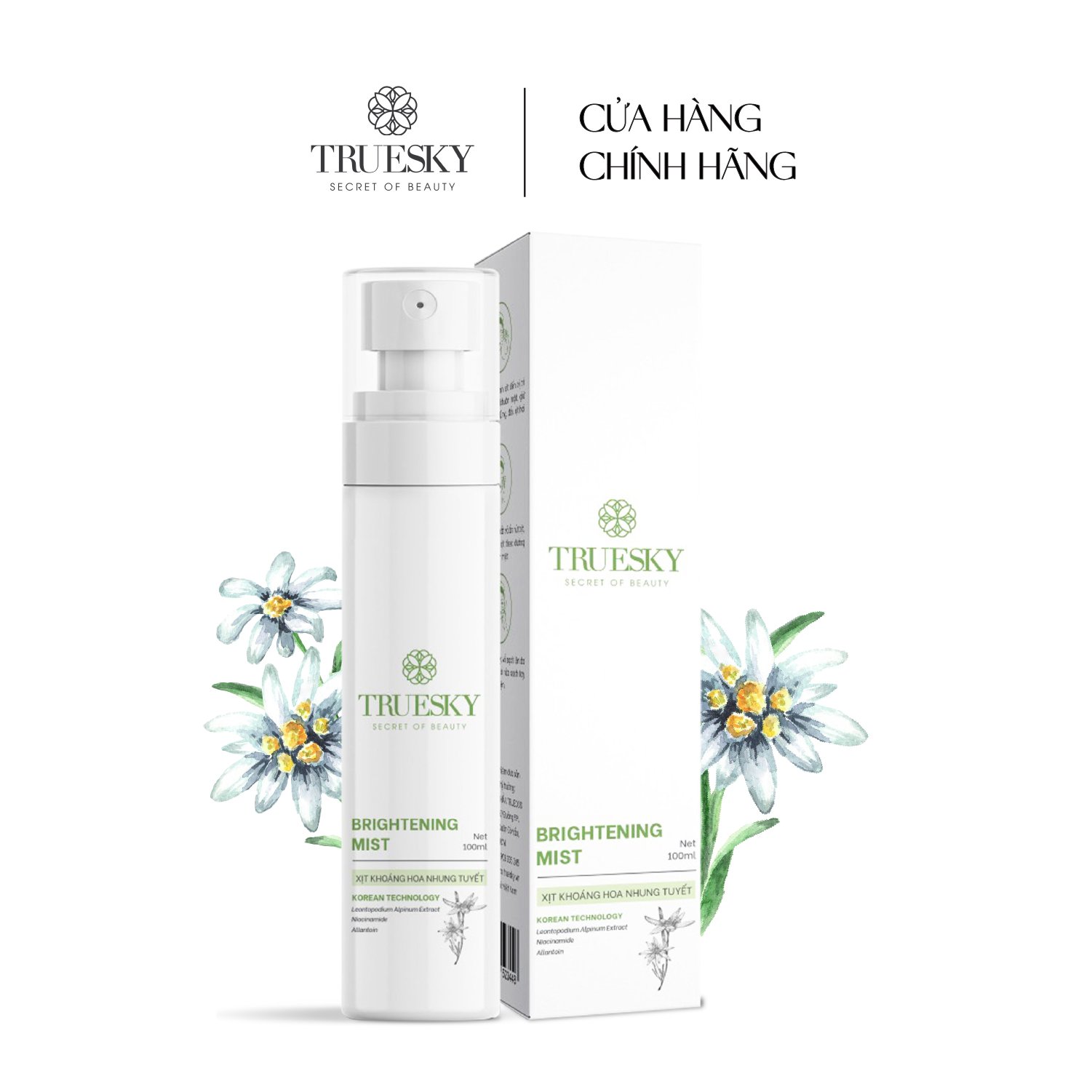 Xịt khoáng hoa nhung tuyết giúp dưỡng ẩm và cân bằng độ pH da Truesky Brightening Mist 100ml