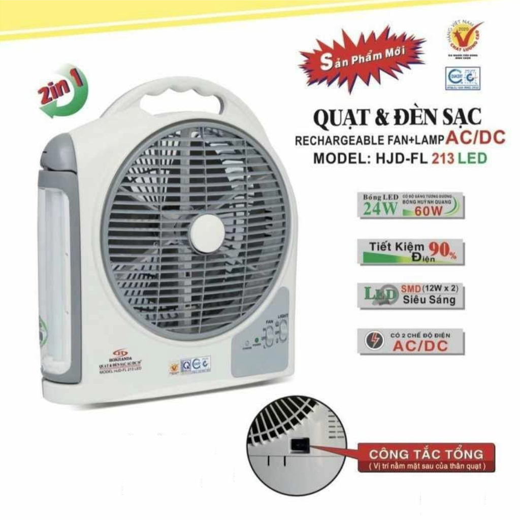 Quạt Sạc Tích Điện Dạng Hộp AC&amp;DC 10 inch Honjianda FL213 loại 2 bình có đèn LED - Hàng Chính Hãng