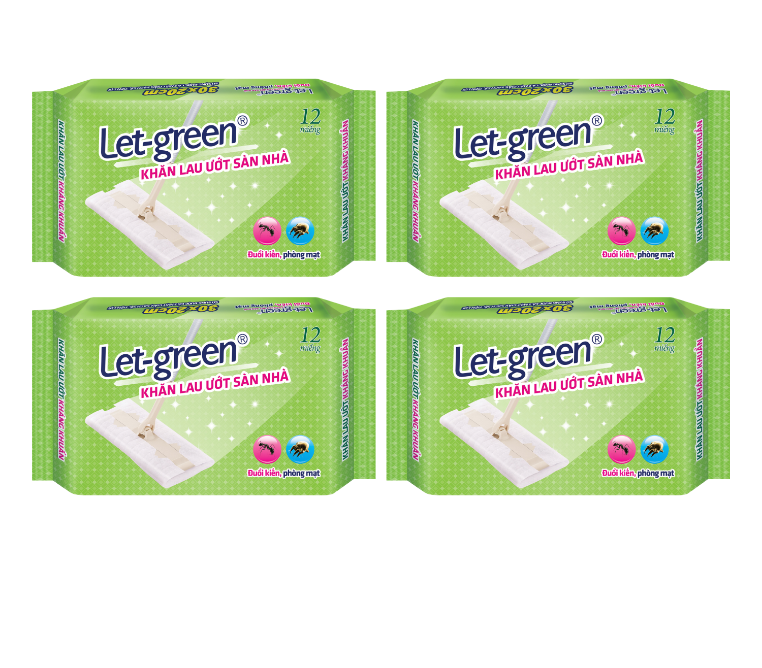 Combo 4 Khăn Ướt Lau Sàn Đuổi Kiến Phòng Mạt Let-Green 12 Miếng/Bao