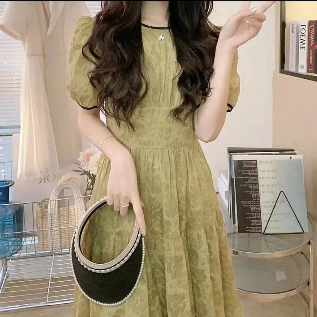 Đầm midi hoạ tiết hoa hồng cổ tròn viền tay phong cách vintage - V02