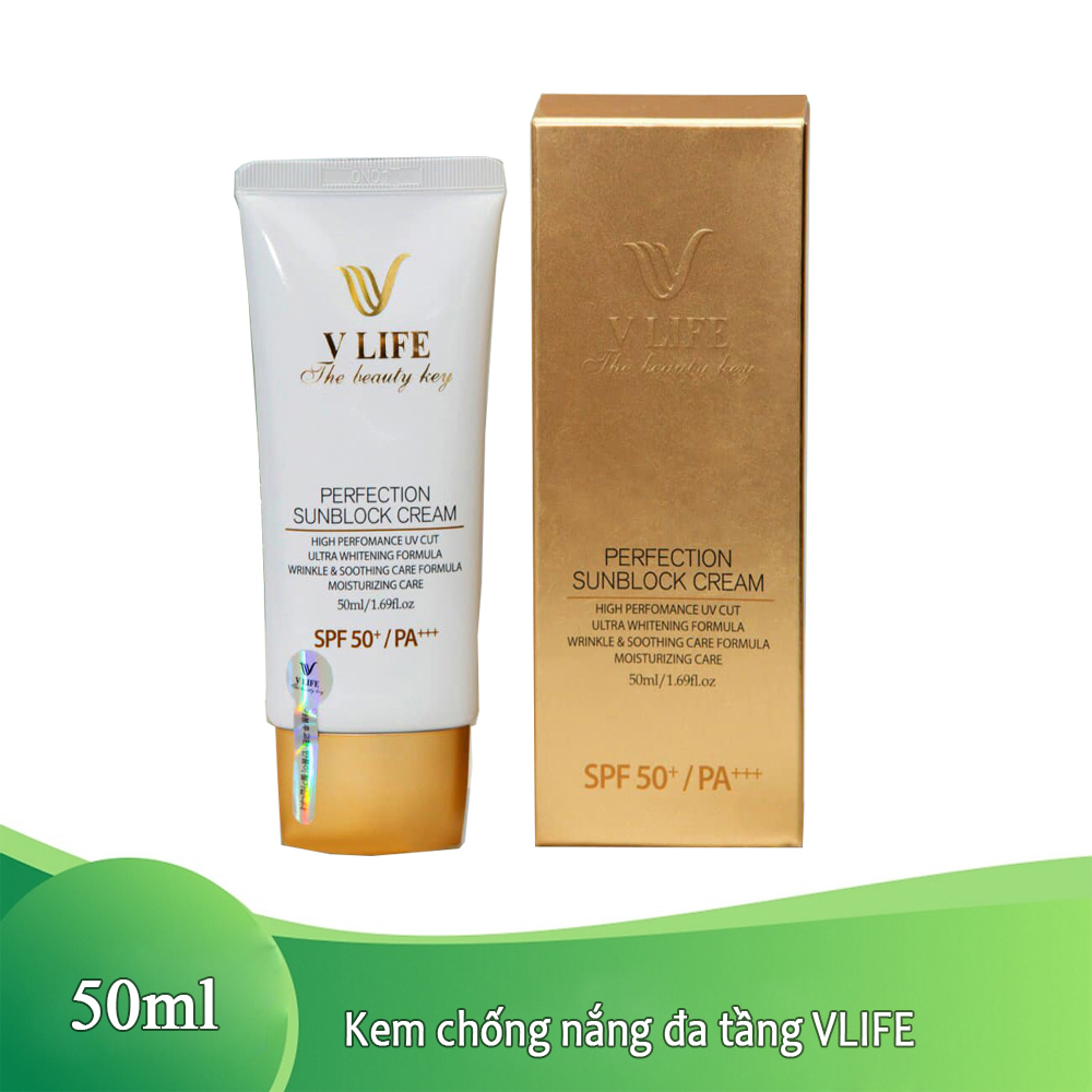 Kem chống nắng 2 tầng Vlife PERFECTION SUNBLOCK CREAM SPF50+/PA+++ kết hợp chống nắng vật lí và hóa học, chống nắng tối ưu bảo vệ da 12h, SPF 50+/PA+++, không bết rit, không nhờn, không trôi