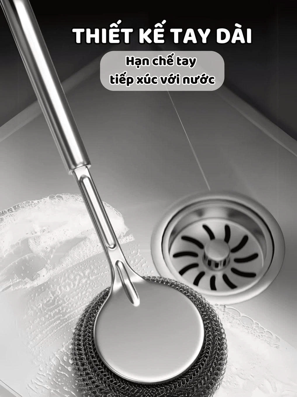 Cọ Rửa Nồi Cán Dài Inox Không Gỉ Đầu Búi Thép Tháo Rời Thay Thế Được Chà Sạch Vết Bẩn Cứng Đầu - HÀNG CHÍNH HÃNG MINIIN