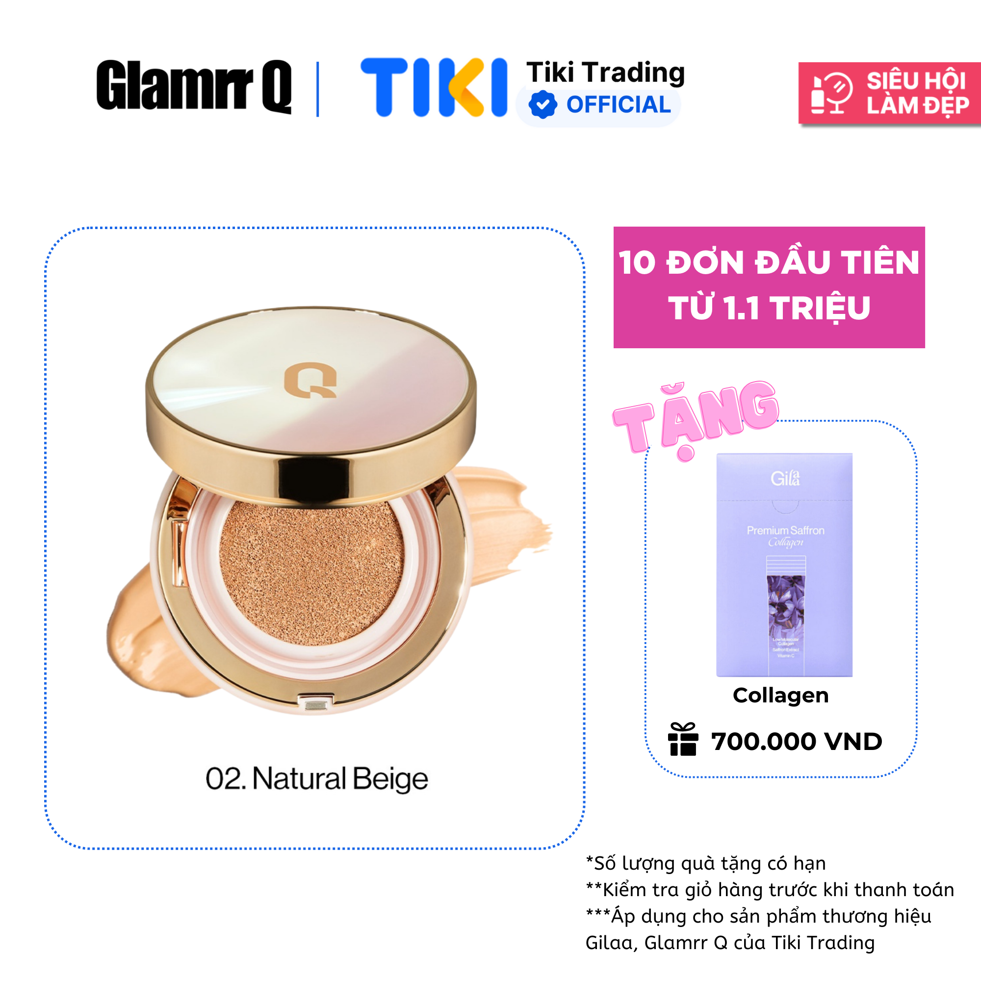 Phấn nước trang điểm dưỡng da GLAMRR Q LONG WEAR DD CUSHION by Gilaa (1 lõi x 13g)