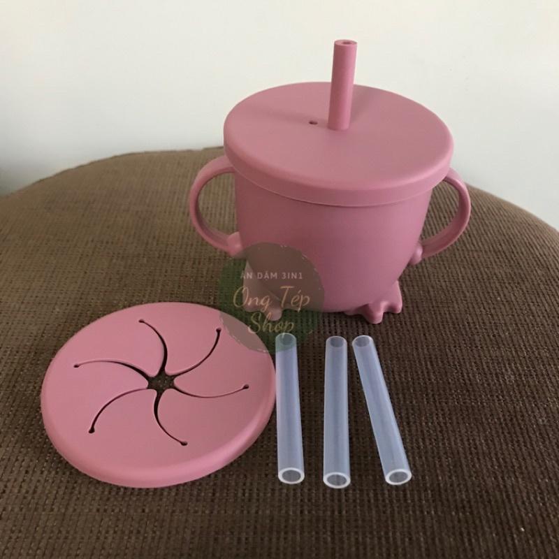 Cốc tập hút silicon cho bé tập uống 3in1 kèm ống hút thay thế và nắp snack - bộ cốc hồng