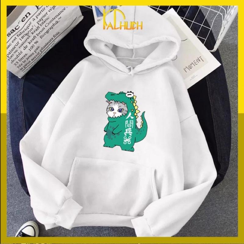 Áo hoodie in mèo khủng long vải nỉ nón 2 lớp dày dặn cho cả nam nữ