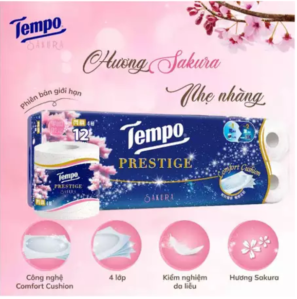 [ƯU ĐÃI LỐC 12 CUỘN GIÁ 10 CUỘN TẶNG 1 GÓI RÚT] Giấy vệ sinh cao cấp Prestige Sakura Mềm Mại