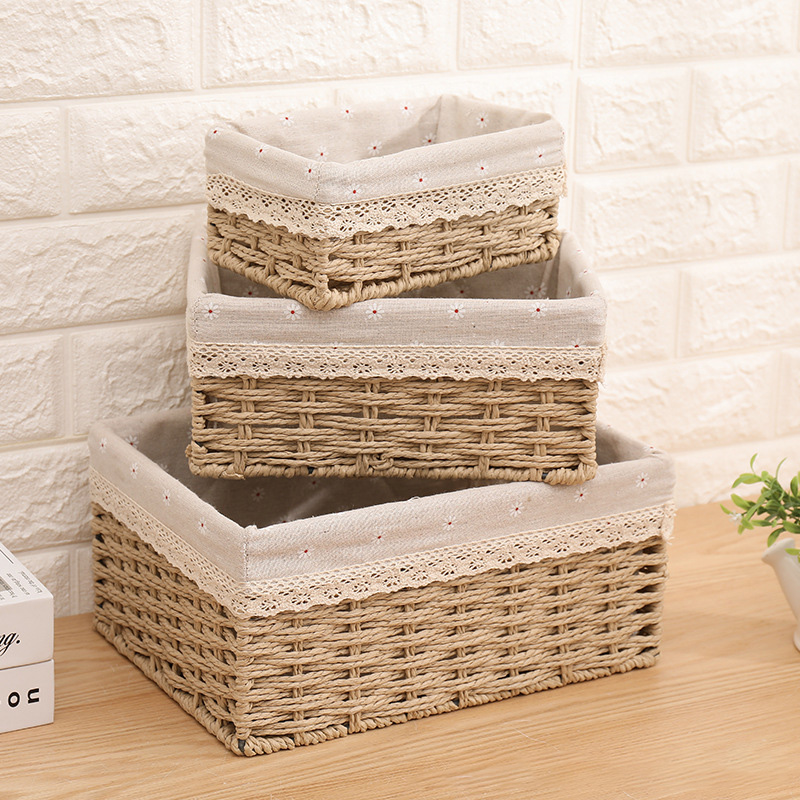 Giỏ Cói, Rổ Cói Vintage Có Vải Lót Hình Chữ Nhật  - Phù Hợp Để Phòng Khách, Đựng Đồ Trang Tri Bàn Làm Việc Gọn Gàng Xinh Xắn
