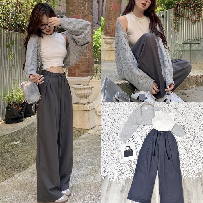 SET QUẦN DÀI ỐNG RỘNG LƯNG CAO SUÔNG TRƠN + ÁO KHOÁC LƯỚI LỬNG CARDIGAN TAY DÀI + ÁO CROPTOP 3 LỖ DẠO PHỐ ĐI CHƠI ĐI BIỂN ĐI TIỆC