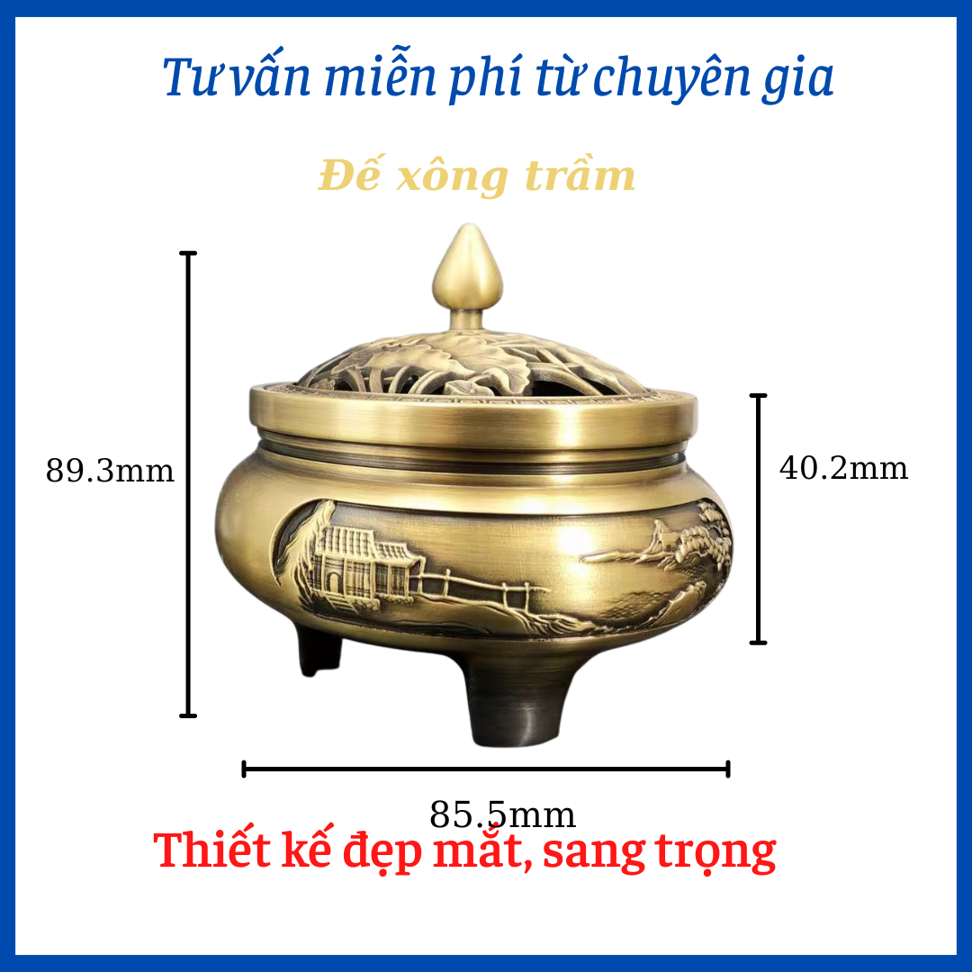 Lư xông trầm cao cấp bằng đồng nguyên khối chạm khắc tinh tế