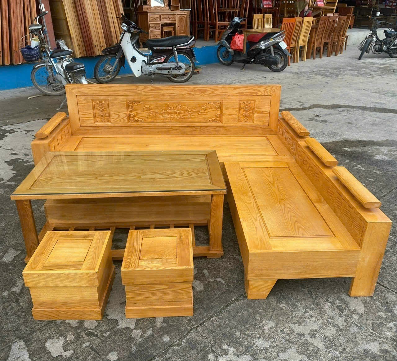 Bộ sofa góc L 2m- gỗ sồi mặt liền. Bàn ghế sofa hiện đại gỗ sồi nga 5 món