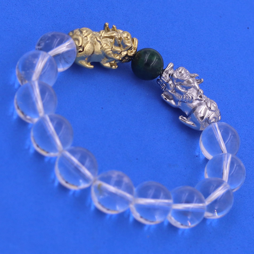 Vòng chuỗi đeo tay pha lê trắng 12 ly charm tỳ hưu đôi inox trắng và vàng, vòng chuỗi phong thủy, charm tỳ hưu, vòng tay hạt chuỗi