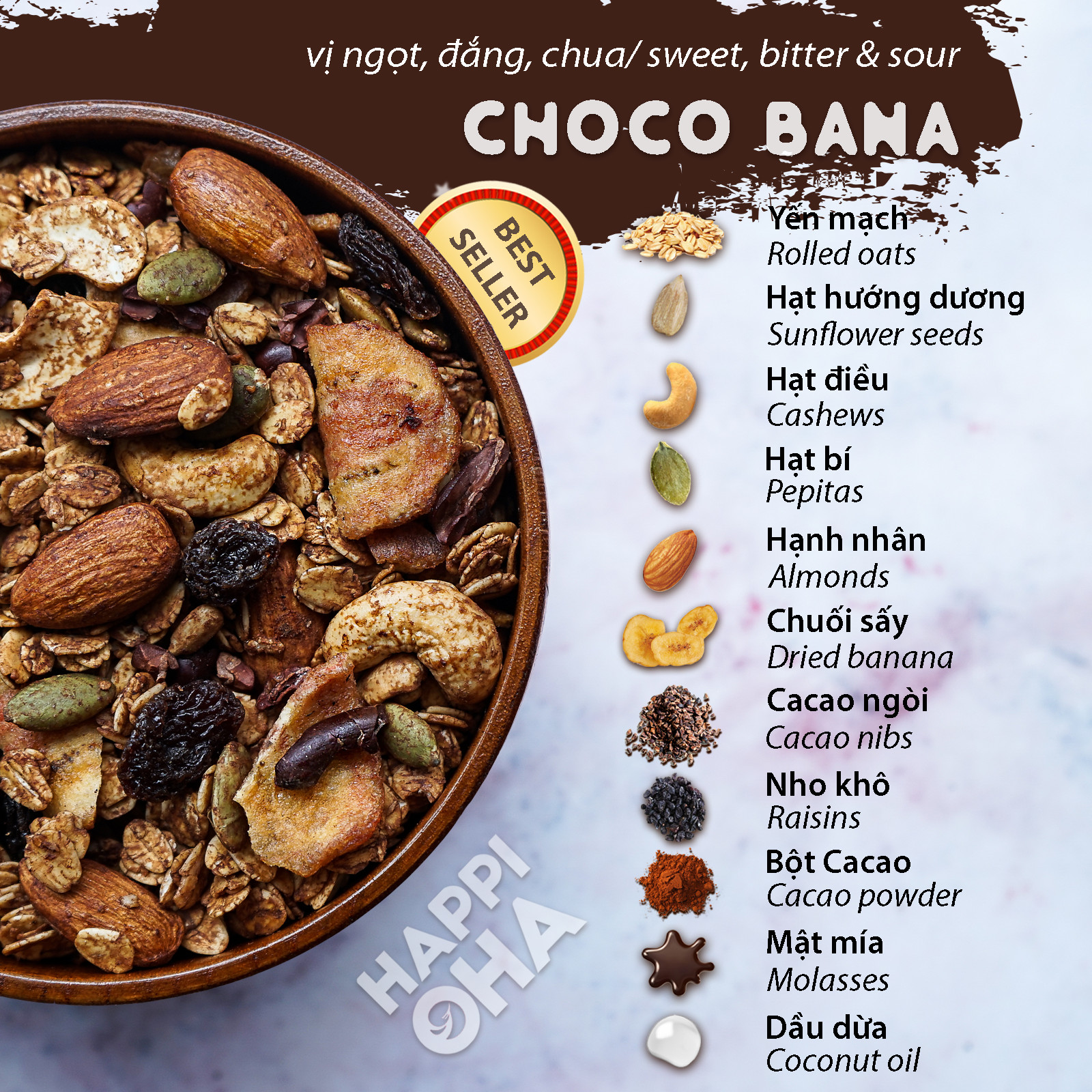 Combo ngũ cốc 8 loại hạt trái - Vị cacao & vị quả mọng - Không đường tinh luyện/phụ gia - HAPPI OHA GRANOLA