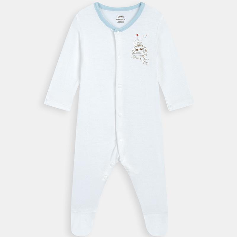 Bộ liền thân cài thẳng dài tay màu trắng viền cổ xanh Boube - Chất liệu Petit thoáng mát - Size Newborn