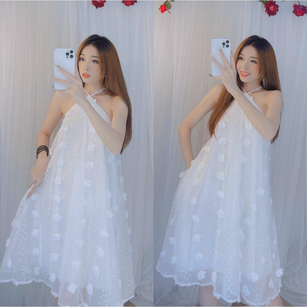 Váy cổ yếm nữ dáng xoè hoa nổi cao cấp siêu đẹp hình thật và video bầu bì bon chen duyên dáng bkfrreship