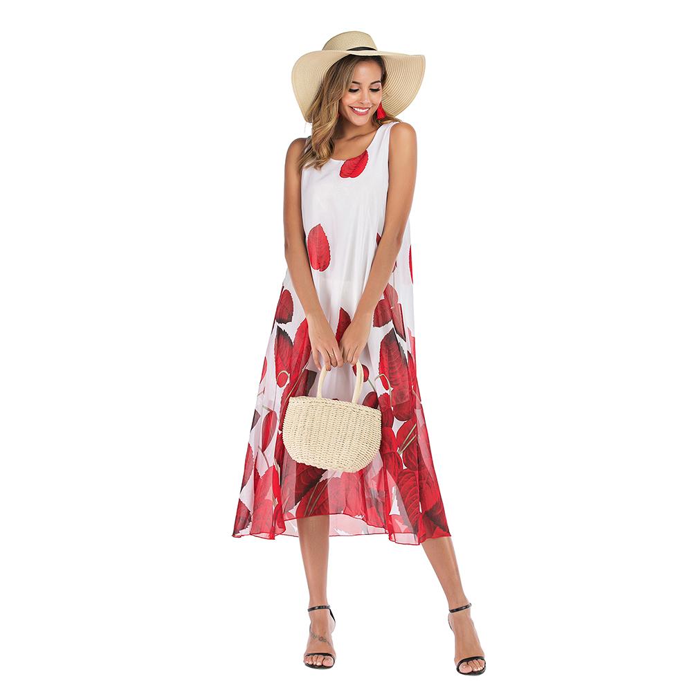 New Women Chiffon Dress O Neck Sleeveless Floral Print Summer Beach Holiday Long Loose Boho Sundress