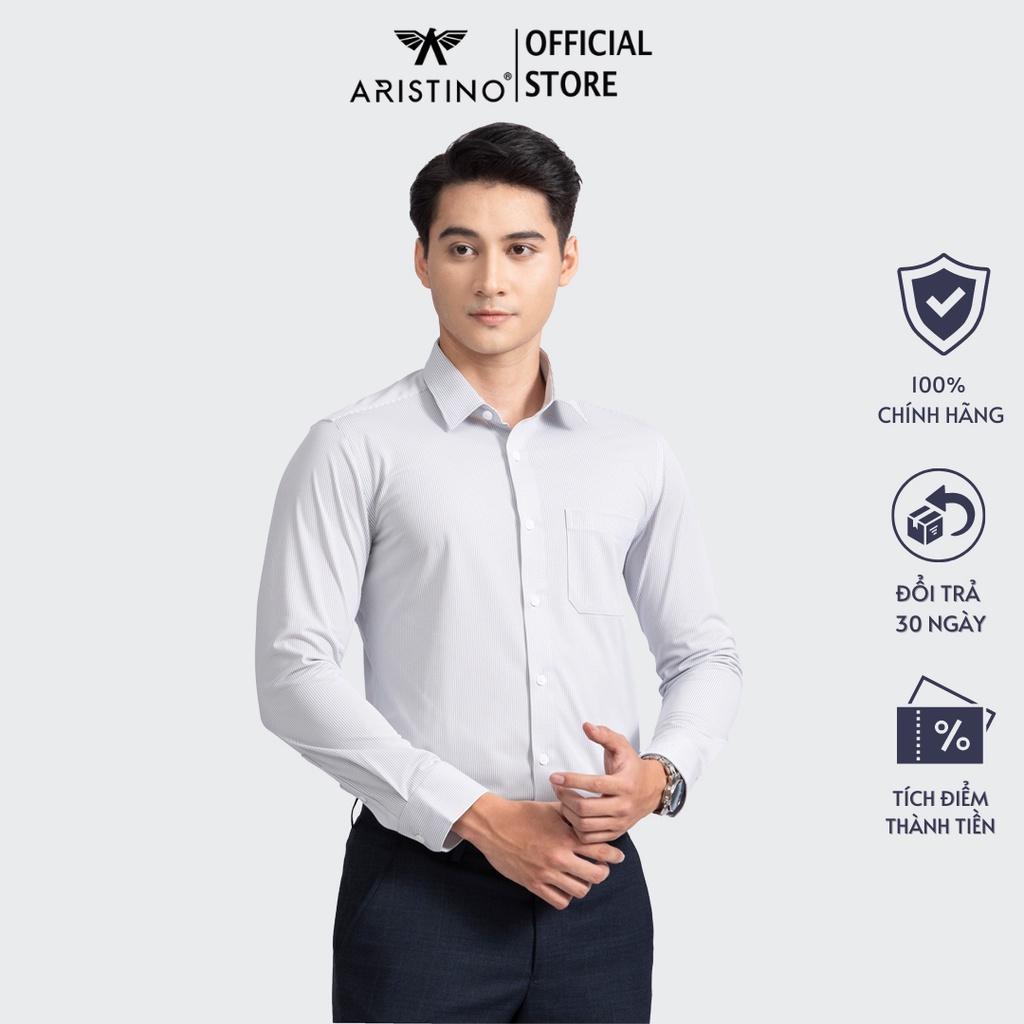 (Mẫu mới) Áo sơ mi nam dài tay ARISTINO Boss phom suông vừa, họa tiết trắng kẻ sọc xanh thời thượng- 1LS11602