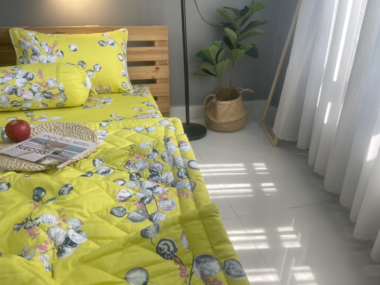 Bộ drap gối KHA LY - 100% cotton thiên nhiên - VN314 Lá Tròn Vàng Vải dày dặn mát mẻ siêu thấm mồ hôi