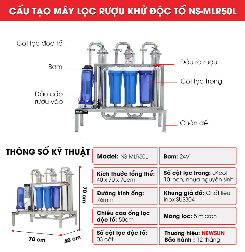 Máy lọc rượu khử độc tố 50l/h NEWSUN - Hàng chính hãng
