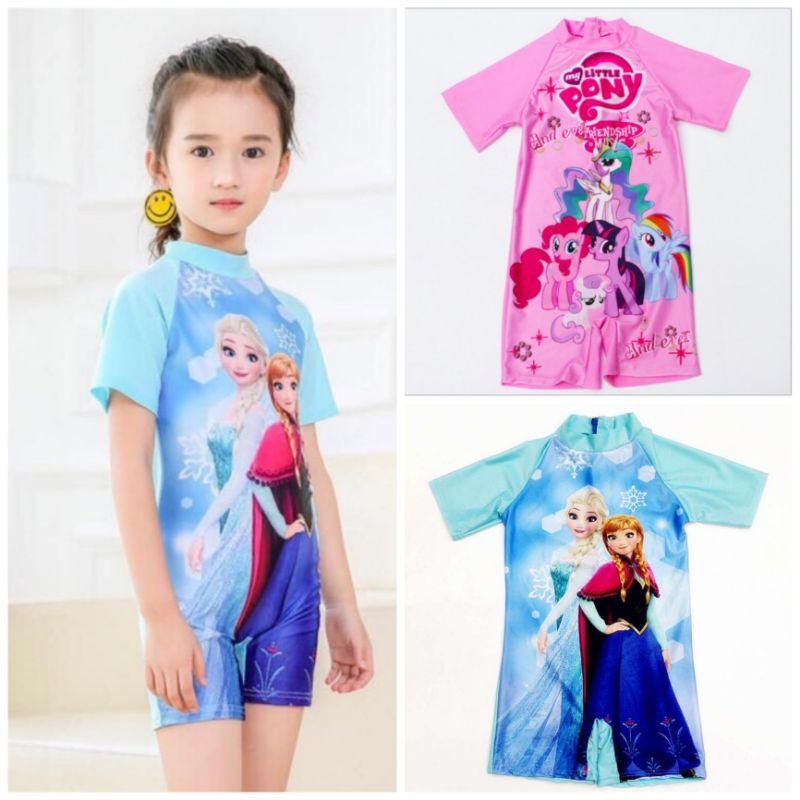 Hình ảnh Bộ Đồ bơi trẻ em bộ liền thân cho bé gái từ 3-9 tuổi Pony Elsa, đồ bơi trẻ em ngắn tay ngựa Pony công chúa Elsa