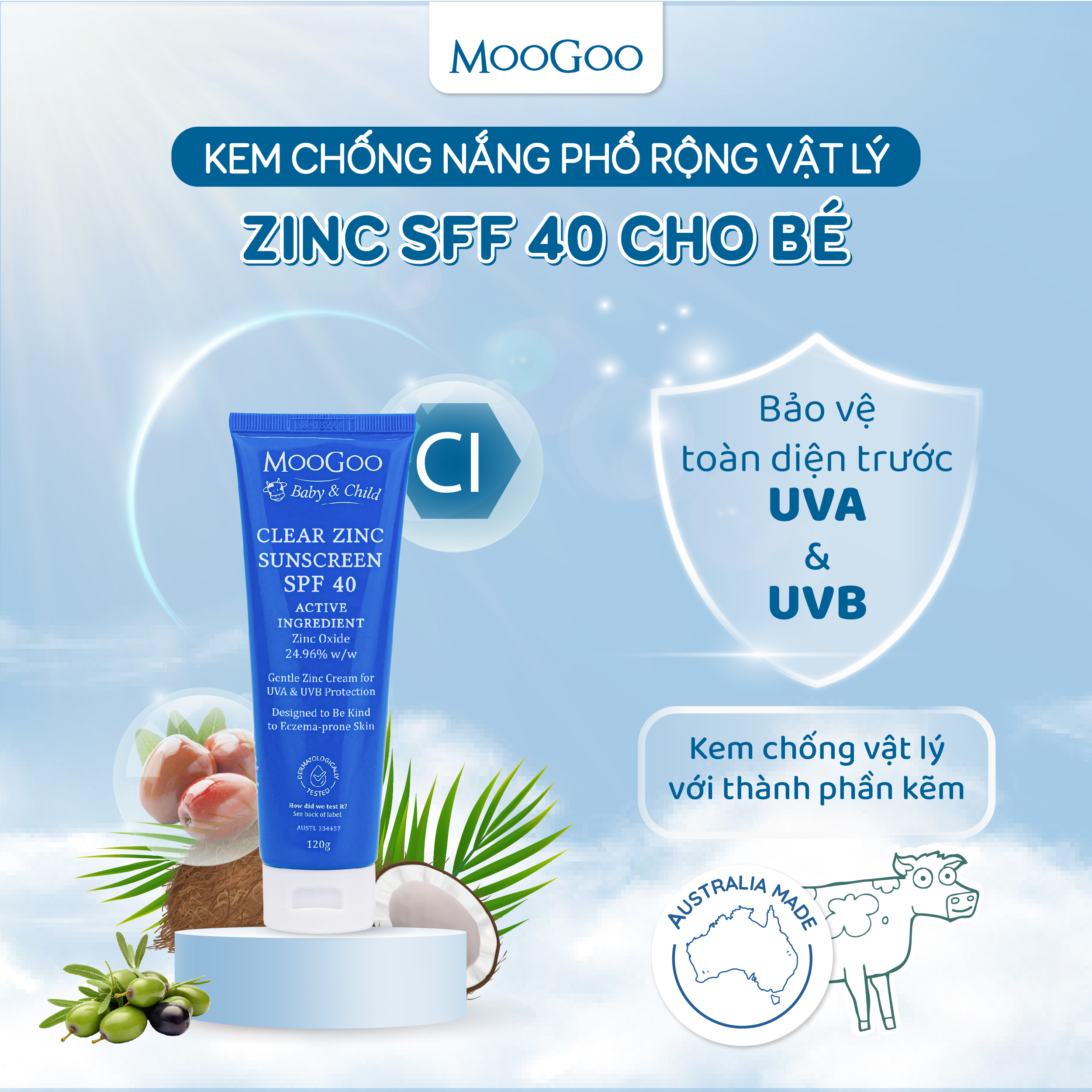 Kem chống n.ắ.ng vật lý cho bé, da nhạy cảm, viêm da cơ địa SPF 40 kẽm tự nhiên