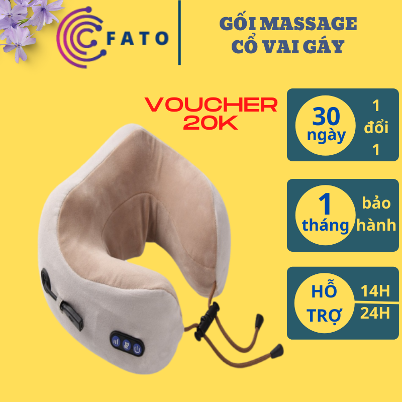 Gối Massage Cổ Vai Gáy FATO - Xoay 2 Chiều 360 Độ - Dùng Pin Sạc Lithium, Trọng Lượng 495gr - Hỗ trợ giảm đau mỏi - Hàng Chính Hãng