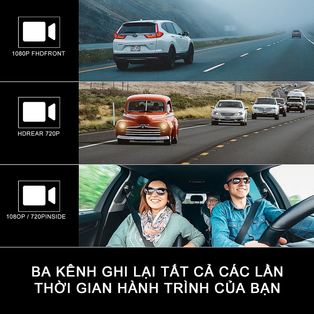 Camera Hành Trình ô tô, Màn hình cảm ứng, Ghi hình trước và sau, bên trong xe