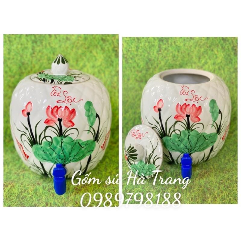 Bình nước gốm sứ Bát Tràng cao cấp men trắng vẽ sen đỏ phú quý tài lộc
