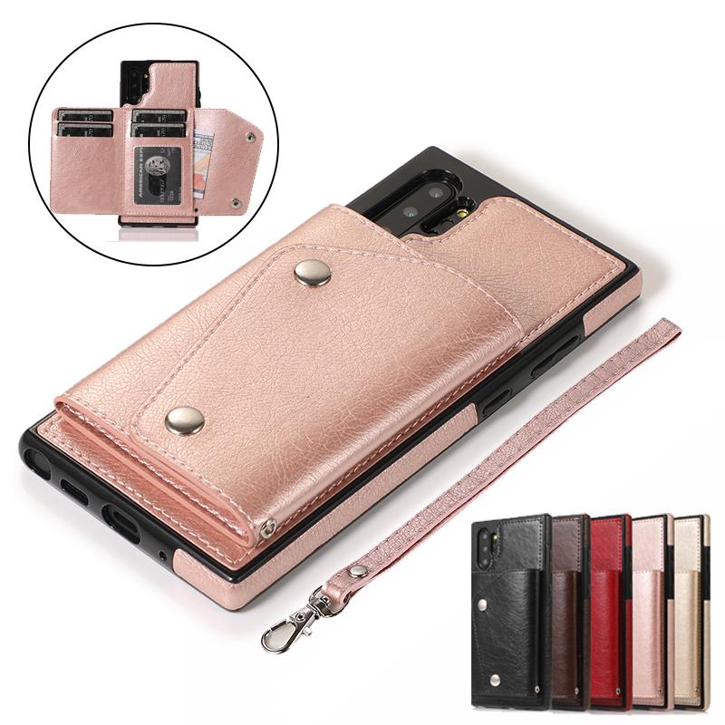 Ốp điện thoại da có ngăn đựng thẻ trang trí nút sang trọng bảo vệ cho Samsung Note10 Pro S20 Ultra S10 Plus