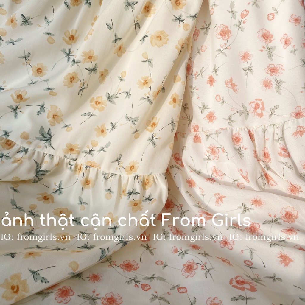 Váy babydoll hoa nhí cột nơ tay phồng tiểu thư