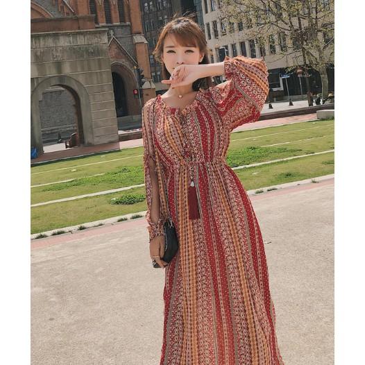 ĐẦM MAXI HOẠ TIẾT PHONG CÁCH BOHO TRỄ VAI HÀNG QUẢNG CHÂU